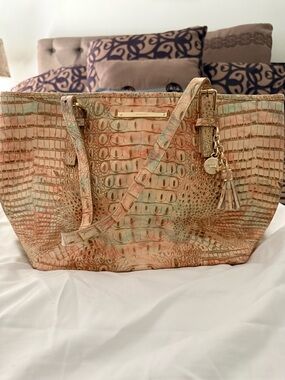 Brahmin Pastel Croco-Embossed Shoulder Tote with Tassel Charm
